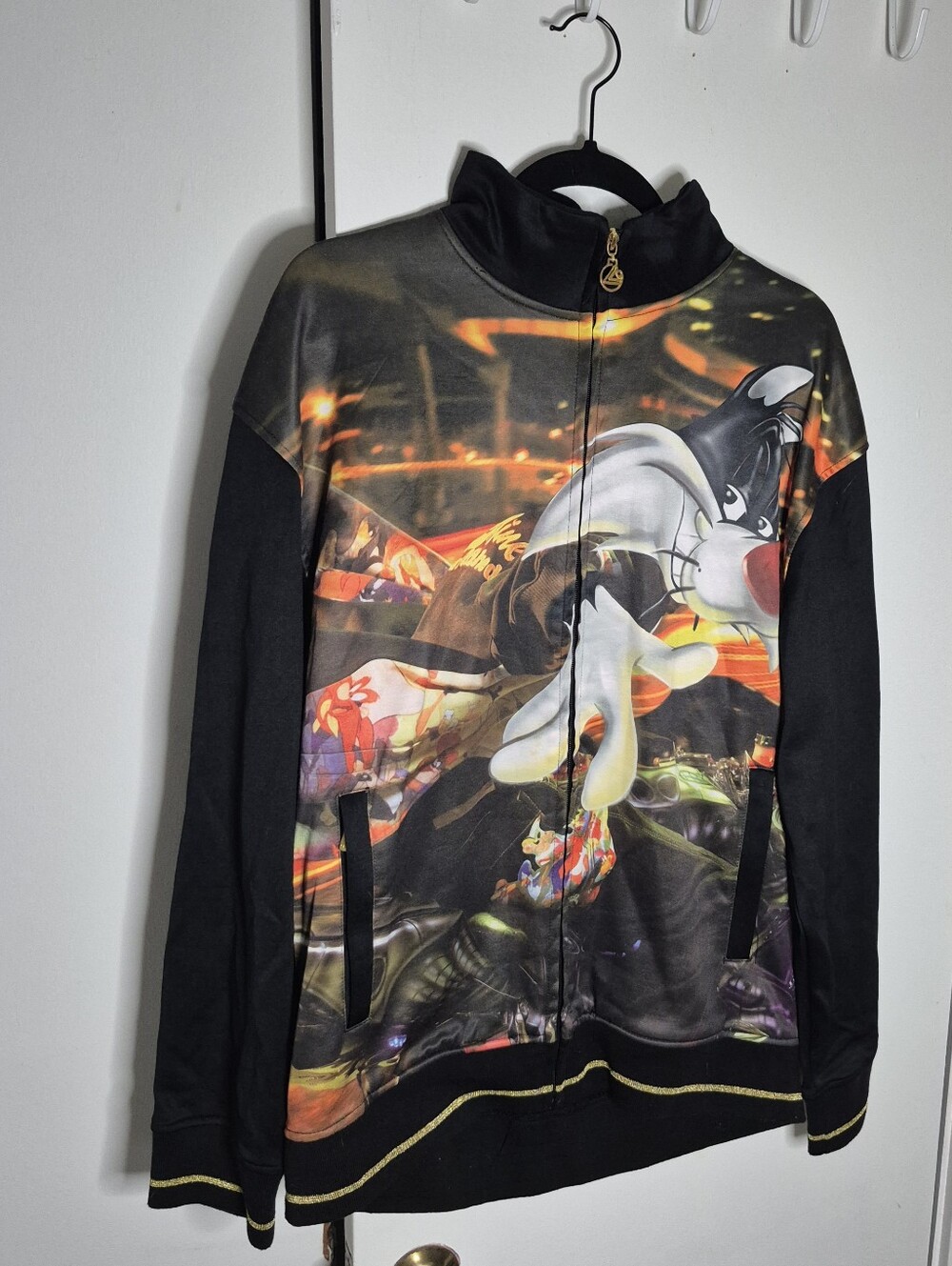 Vintage Lot 29 Track Jacket Large Black Looney Tunes Sylvester Y2k Hip Hop